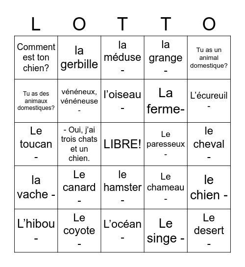 p.12 les animaux (B) Bingo Card