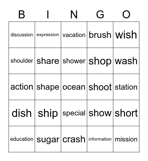 The Sounds of English: /ʃ/ as in shoe Bingo Card