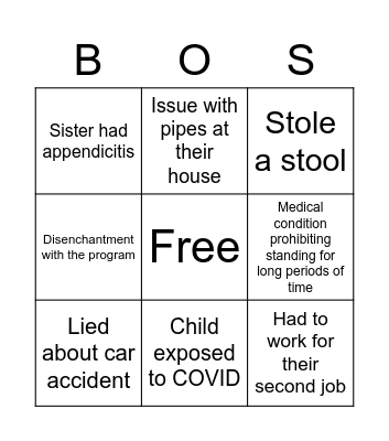 Ambassador Excuse Bingo Card