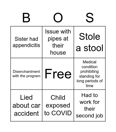 Ambassador Excuse Bingo Card