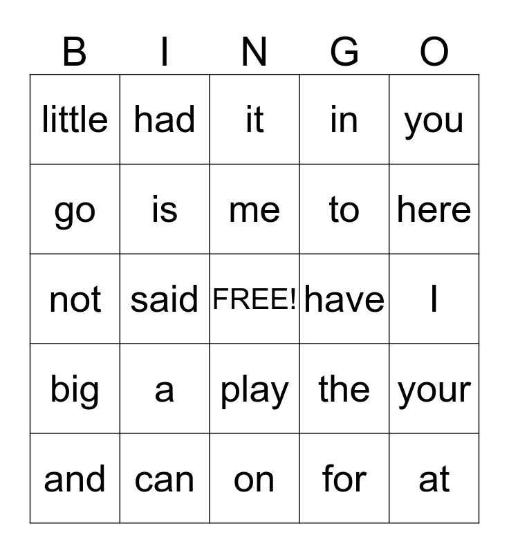 Site Word Bingo Card