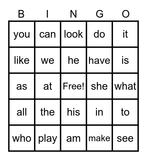 ALL Kinder Sight Words Bingo Card