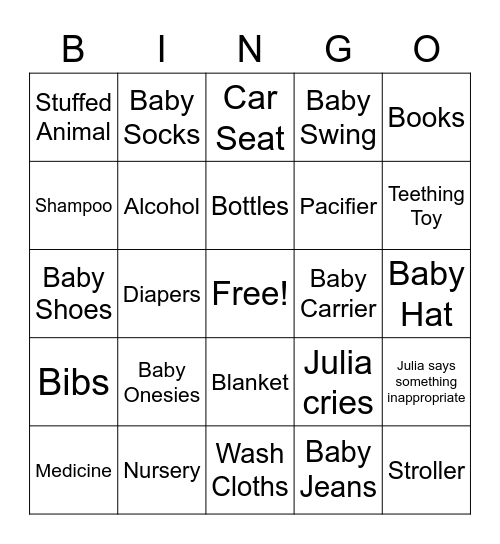 Julia Baby Shower Bingo Card