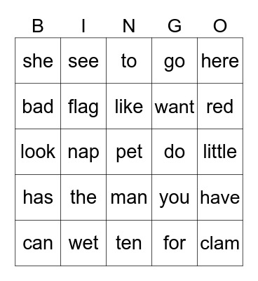 Sight Words Bingo Card