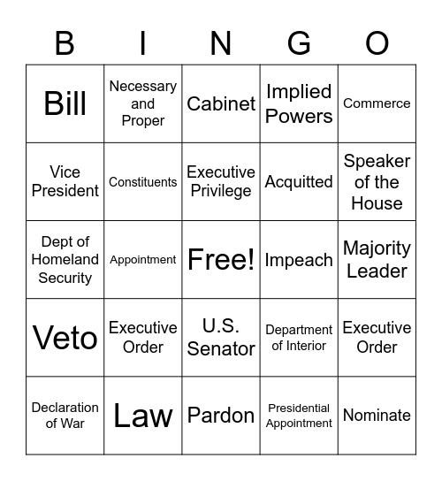 UNIT 7 - Executive Branch Bingo Card