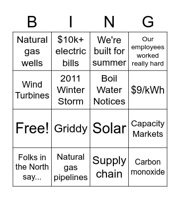 Texas Power Outage Hearings Bingo Card
