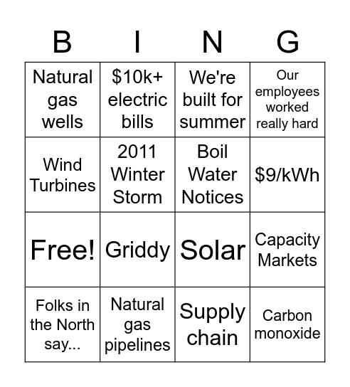 Texas Power Outage Hearings Bingo Card