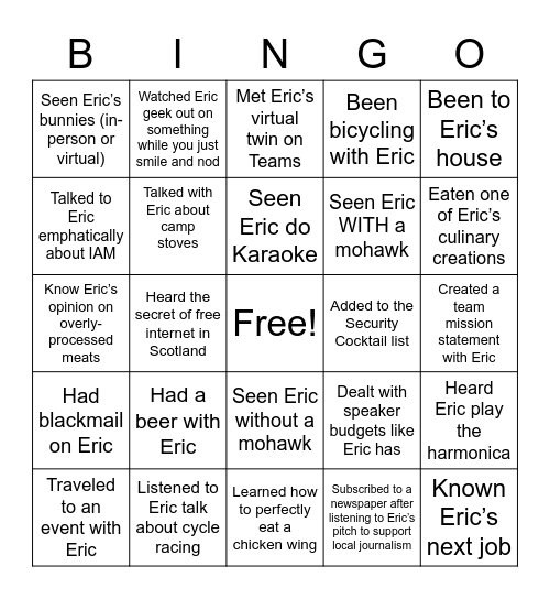 Never Have I Ever Bingo: Eric Edition Bingo Card