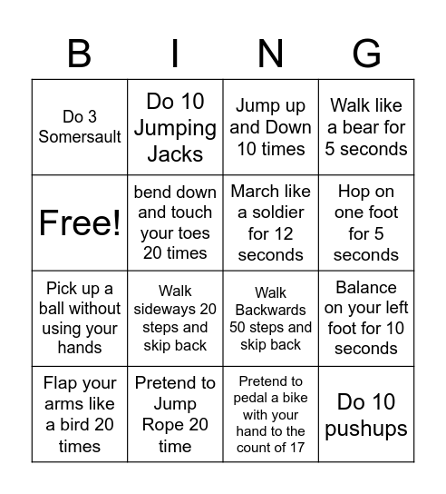 PE Bing Bingo Card
