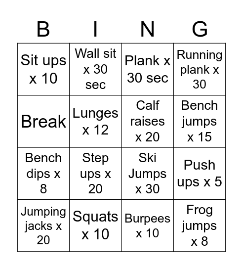 Fitness Bingo! Bingo Card