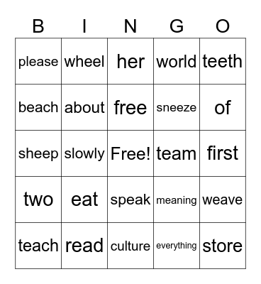 Spelling Bingo Card