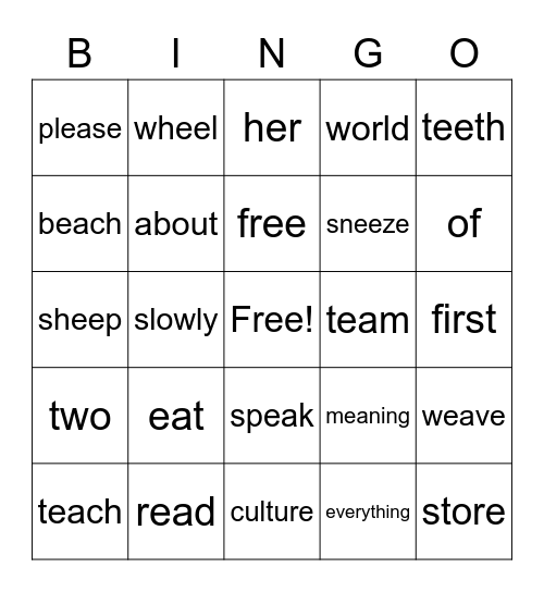 Spelling Bingo Card
