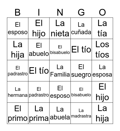 La Familia Bingo Card