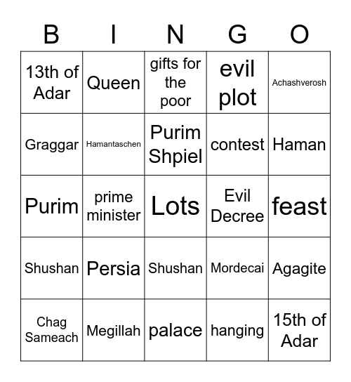 Purim Bingo Card