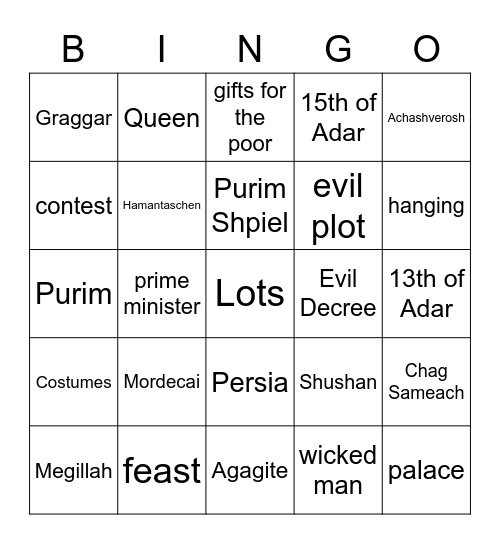 Purim Bingo Card