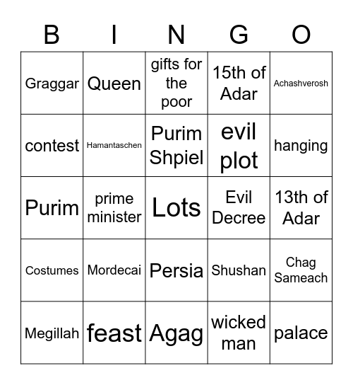 Purim Bingo Card