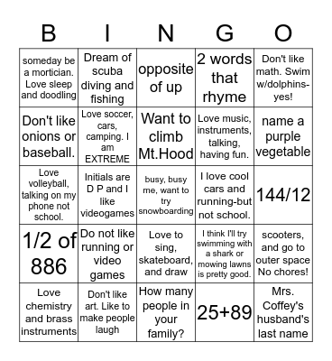Career Exploration Class Bingo Card