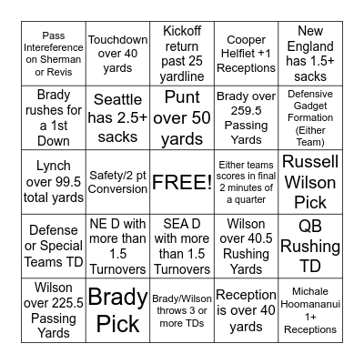 Super Bowl Bingo Card