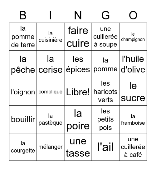 French 2 Bien Dit Chapitre 3 Vocabulaire 1 Bingo Card