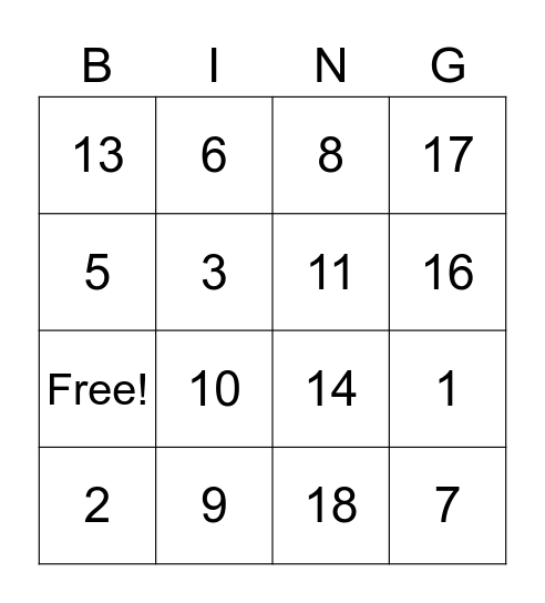 Kindergarten Bingo Card