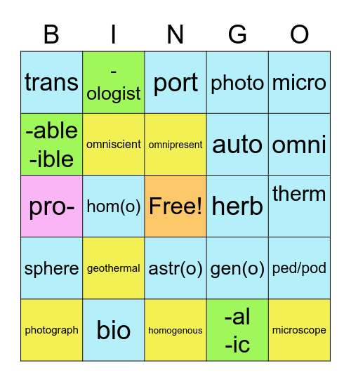 Roots/Prefixes/Suffixes 1 Bingo Card
