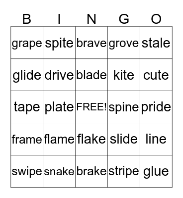 Silent E #3 Bingo Card