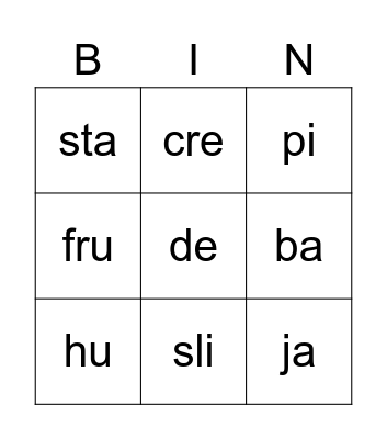 Open Syllables BINGO Card