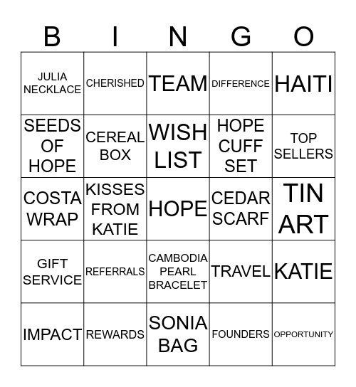TRADES OF HOPE Bingo Card
