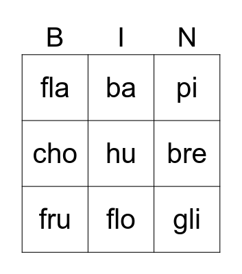 Open Syllables BINGO Card