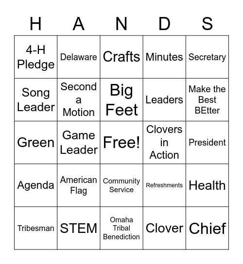 ❤🙌🍀4-H Bingo 🍀  🙌 ❤ Bingo Card