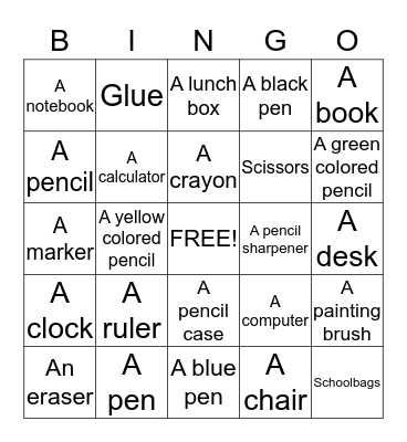 School Materials Bingo Card