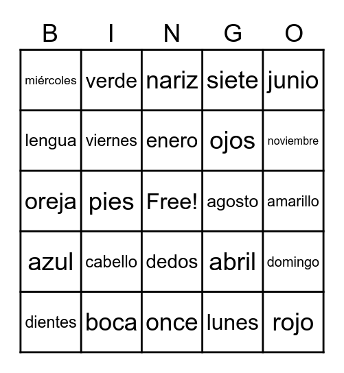 Spanish Bingo Card