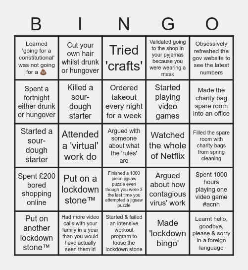 Lockdown Bingo Card