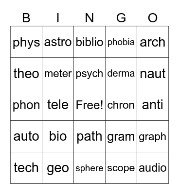 Greek Combining Forms 1 Bingo Card