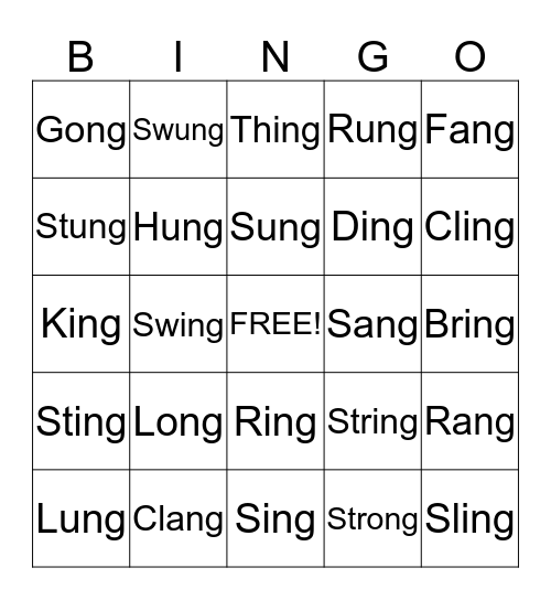 ing, ang, ong, ung words Bingo Card