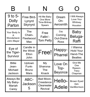 Name That Tune Bingo Card