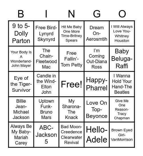 Name That Tune Bingo Card