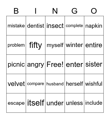 Non-Twin Consonants Bingo Card