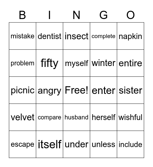 Non-Twin Consonants Bingo Card