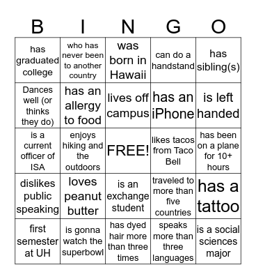 International Student Association Bingo Card