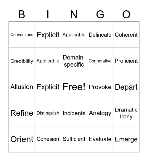 Standards Vocabulary Bingo Card