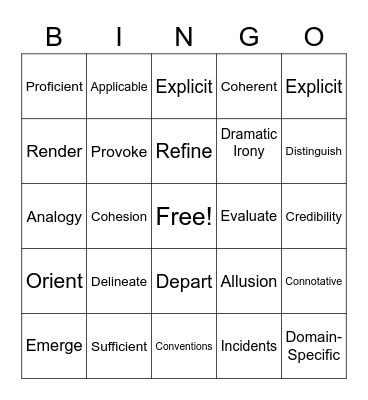 Standards Vocabulary Bingo Card