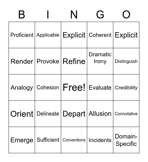 Standards Vocabulary Bingo Card