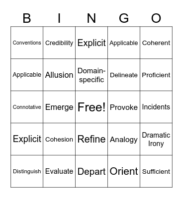 Standards Vocabulary Bingo Card