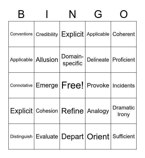 Standards Vocabulary Bingo Card