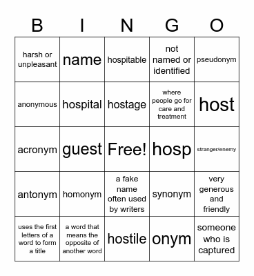 Morphemes Unit 8 Bingo Card