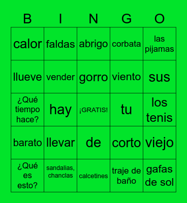 Español 1, Unidad 4 Bingo Card