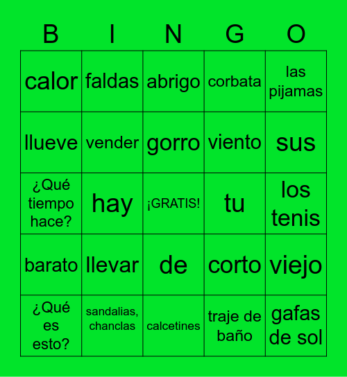 Español 1, Unidad 4 Bingo Card