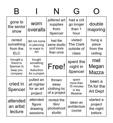 Williams Studio Art Major Bingo Card