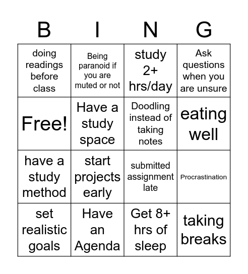 Student Habits Bingo Card